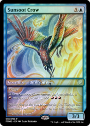 Size: 375x523 | Tagged: safe, artist:sararichard, derpibooru import, edit, idw, bird, crow, spoiler:comicff31, beak hold, ccg, colored wings, fire, magic the gathering, mouth hold, multicolored wings, rainbow crow, solo, spread wings, sun, trading card, trading card edit, wings