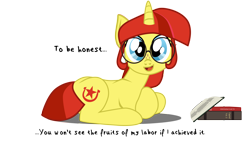 Size: 5000x2812 | Tagged: safe, artist:aaronmk, derpibooru import, oc, oc:lefty pony, pony, unicorn, atg 2018, book, newbie artist training grounds, prone, reading, simple background, speech, text, transparent background, vector