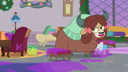 Size: 1280x720 | Tagged: safe, derpibooru import, screencap, yona, yak, the hearth's warming club, bow, cloven hooves, evil grin, female, hair bow, monkey swings, smiling, smirk, solo