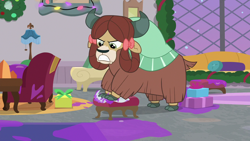 Size: 1280x720 | Tagged: safe, derpibooru import, screencap, yona, yak, the hearth's warming club, bow, cloven hooves, female, hair bow, monkey swings, solo