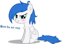 Size: 4174x3000 | Tagged: safe, artist:cyberapple456, derpibooru import, oc, oc only, oc:jass, pegasus, pony, angry, blatant lies, blushing, chest fluff, cute, denial's not just a river in egypt, dialogue, i'm not cute, looking at you, male, nu, scrunchy face, show accurate, simple background, sitting, solo, transparent background, vector