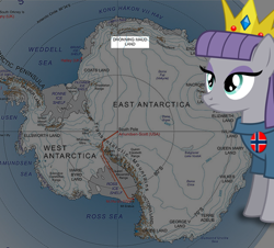 Size: 634x573 | Tagged: safe, artist:facelesssoles, maud pie, pony, antarctica, button, clothes, crown, jewelry, map, namesake, norway, pun, queen maud land, regalia, solo