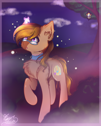 Size: 786x977 | Tagged: safe, artist:zefir-tyan, derpibooru import, oc, oc only, oc:dawnsong, butterfly, earth pony, pony, chest fluff, collar, female, glasses, night, outdoors, solo, tree, ych result