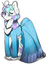 Size: 891x1200 | Tagged: safe, artist:ponydoodleday, oc, oc only, oc:harmony bell, pony, unicorn, clothes, dress, female, heterochromia, mare, simple background, solo, transparent background