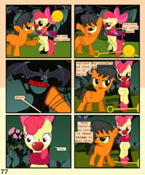 Size: 900x1080 | Tagged: safe, artist:lister-of-smeg, derpibooru import, apple bloom, oc, oc:lazybug, bat, comic:zap-o-lantern, apple, colt, comic, food, male, tied up