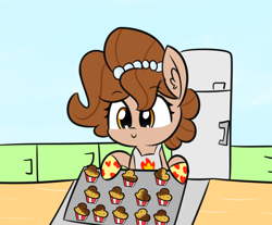 Size: 1444x1198 | Tagged: safe, artist:artiks, derpibooru import, oc, oc only, oc:brownie bun, pony, apron, atg 2018, burned, clothes, female, food, mare, muffin, newbie artist training grounds, oven, refrigerator, solo