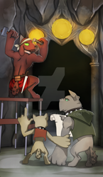 Size: 600x1036 | Tagged: safe, artist:gashiboka, diamond dog, pony, archway, chisel, collar, everfree tarot, hammer, minor arcana, scaffold, watermark