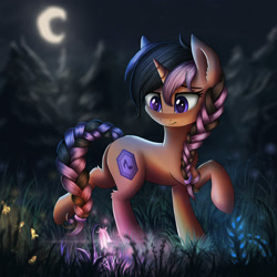 Size: 2000x2000 | Tagged: safe, artist:atlas-66, oc, oc only, oc:aria stone, pony, unicorn, braid, braided tail, crescent moon, female, flower, forest, glowing flower, mare, moon, night, pine tree, smiling, solo, tree