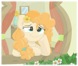 Size: 1996x1708 | Tagged: safe, artist:ljdamz1119, derpibooru import, pear butter, earth pony, pony, the perfect pear, dreamy, female, flower, flower in hair, hoof on cheek, looking away, looking up, mare, smiling, solo, window