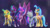 Size: 1920x1080 | Tagged: safe, artist:lmkyouki, derpibooru import, fizzlepop berrytwist, princess skystar, tempest shadow, twilight sparkle, twilight sparkle (alicorn), oc, oc:moonflower, oc:zipzee, alicorn, bat pony, changeling, classical hippogriff, hippogriff, pony, unicorn, my little pony: the movie, armor, bat pony oc, changeling oc, constellation, fanfic art, goddess, group, my little pony, smiling, smirk, stars