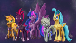 Size: 900x506 | Tagged: safe, artist:lmkyouki, derpibooru import, fizzlepop berrytwist, princess skystar, tempest shadow, twilight sparkle, twilight sparkle (alicorn), oc, oc:moonflower, oc:zipzee, alicorn, bat pony, changeling, classical hippogriff, hippogriff, pony, unicorn, my little pony: the movie, armor, bat pony oc, changeling oc, fanfic art, goddess, group, my little pony, smiling, smirk, stars