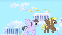 Size: 1280x720 | Tagged: safe, derpibooru import, screencap, compass star, rainbow swoop, spectrum, sunshower raindrops, pegasus, pony, sonic rainboom (episode), background pony, cloud, cloudiseum, cloudsdale, duo focus, flying, sky