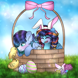 Size: 1024x1024 | Tagged: safe, artist:northlights8, oc, oc only, oc:brisk dawn, oc:tidal breeze, pegasus, pony, basket, bunny ears, chick, easter, female, male, mare, offspring, parent:rainbow dash, parent:soarin', parents:soarindash, pony in a basket, stallion