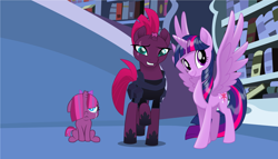 Size: 9392x5368 | Tagged: safe, artist:mettarathefabulous, derpibooru import, tempest shadow, twilight sparkle, twilight sparkle (alicorn), alicorn, my little pony: the movie, absurd resolution, book, family, female, lesbian, magical lesbian spawn, offspring, parent:tempest shadow, parent:twilight sparkle, parents:tempestlight, shipping, tempestlight