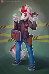 Size: 1080x1621 | Tagged: safe, artist:ohmymarton, derpibooru import, oc, oc only, anthro, anthro oc, briefcase, card, clothes, commission, looking at you, pants, patreon, patreon logo, shoes, solo