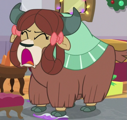 Size: 511x483 | Tagged: safe, derpibooru import, screencap, yona, yak, the hearth's warming club, bow, cloven hooves, cropped, eyes closed, female, hair bow, monkey swings, solo