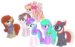 Size: 1024x641 | Tagged: safe, artist:leanne264, derpibooru import, princess flurry heart, oc, oc:apple shine, oc:pastel, oc:red nova, oc:scheelite pie, oc:vanilla sweet, alicorn, earth pony, pegasus, pony, alternate mane six, base used, bow, clothes, female, glasses, group, hair bow, mare, next generation, offspring, older, older flurry heart, parent:caramel, parent:marble pie, parent:moondancer, parent:star tracker, parent:starlight glimmer, parent:sunburst, parents:glimmel, parents:marbleburst, parents:moontracker, simple background, sweater, transparent background