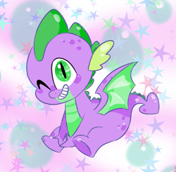 Size: 1075x1052 | Tagged: safe, artist:softandsparli, derpibooru import, spike, dragon, baby, baby dragon, cute, looking at you, male, one eye closed, scales, smiling, spikabetes, stars, winged spike, wings, wink