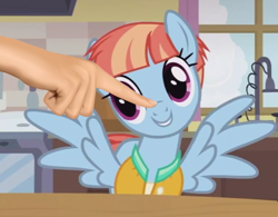 Size: 530x414 | Tagged: safe, edit, edited screencap, screencap, windy whistles, pegasus, pony, parental glideance, adorkable, blouse, boop, boop edit, cardigan, cute, disembodied hand, dork, female, hand, mare, smiling, solo, spread wings, windybetes, wings