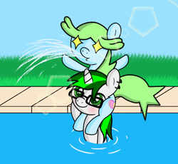 Size: 1080x992 | Tagged: safe, artist:akakun, artist:akakunda, derpibooru import, oc, oc:greenish fury, oc:smiley beam, earth pony, pony, unicorn, piggyback ride, shipping, starry eyes, swimming pool, wingding eyes