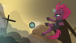 Size: 1920x1080 | Tagged: safe, artist:chickenbrony, tempest shadow, pony, my little pony: the movie, armor, broken horn, clothes, open mouth, solo, spell