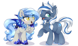 Size: 1023x614 | Tagged: safe, artist:pvrii, oc, oc only, oc:coastal frost, oc:midnight radiance, bat pony, hybrid, pony, unicorn, bat pony unicorn, chest fluff, colored pupils, duo, fangs, female, male, mare, simple background, smiling, stallion, transparent background