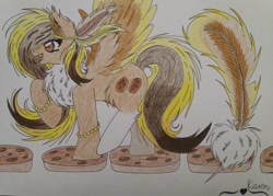 Size: 1014x728 | Tagged: safe, artist:animekaren94, derpibooru import, oc, oc:chocolate feather, oc:sweet cookie, pegasus, pony, feather, female, food, mare, solo, traditional art