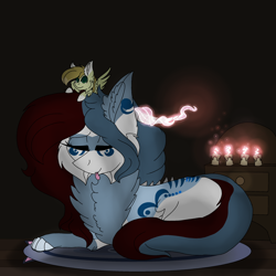 Size: 2560x2560 | Tagged: safe, artist:brokensilence, oc, oc only, oc:auctor, oc:mira songheart, draconequus, candle, candlestick, chest fluff, draconequified, horns, magic, paws, plushie, prone, sleeping, species swap, tongue out
