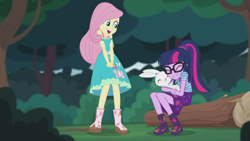 Size: 2208x1242 | Tagged: safe, derpibooru import, screencap, angel bunny, fluttershy, sci-twi, twilight sparkle, butterfly, better together, equestria girls, stressed in show, stressed in show: fluttershy, boots, clothes, dress, eyes closed, glasses, happy, log, mud, muddy, open mouth, ponytail, shoes, skirt, smiling, tree