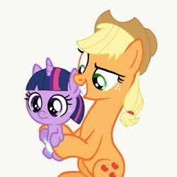 Size: 1024x1024 | Tagged: safe, artist:turnaboutart, derpibooru import, applejack, twilight sparkle, twilight sparkle (alicorn), alicorn, earth pony, pony, fanfic:mama applejack, age regression, applejack's hat, baby, baby pony, babylight sparkle, base used, cowboy hat, diaper, female, foal, freckles, hairband, hat, mama applejack, mare, mommajack