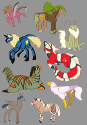 Size: 1000x1429 | Tagged: safe, artist:basiliskfree, derpibooru import, classical hippogriff, dracony, hippogriff, hybrid, monster pony, mule, original species, plant pony, spiderpony, zony, gray background, headcanon, long description, pegamule, simple background