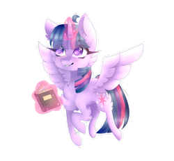 Size: 1024x951 | Tagged: safe, artist:luulyh, derpibooru import, twilight sparkle, twilight sparkle (alicorn), alicorn, pony, book, cheek fluff, chest fluff, chibi, female, glowing horn, heart eyes, magic, signature, simple background, smiling, solo, spread wings, telekinesis, transparent background, wingding eyes, wings