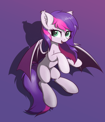 Size: 2214x2584 | Tagged: safe, artist:krash42, derpibooru import, oc, oc only, bat pony, pony, bat pony oc, female, flying, gradient background, mare, open mouth, purple background, solo