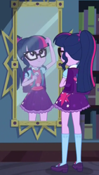 Size: 1242x2208 | Tagged: safe, derpibooru import, screencap, sci-twi, twilight sparkle, eqg summertime shorts, equestria girls, monday blues, backpack, belt, bowtie, clothes, cropped, cute, geode of telekinesis, glasses, looking up, magical geodes, mary janes, mirror, ponytail, skirt, socks, solo, twiabetes