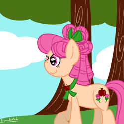 Size: 3000x3000 | Tagged: safe, artist:bigmackintosh, apple rose, earth pony, pony, 30 minute art challenge, apple family, cloud, cutie mark, female, mare, smiling, solo, tree, younger