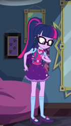 Size: 1242x2208 | Tagged: safe, derpibooru import, screencap, sci-twi, twilight sparkle, eqg summertime shorts, equestria girls, monday blues, backpack, beanbag chair, belt, bowtie, clothes, cropped, cute, geode of telekinesis, glasses, looking down, magical geodes, mary janes, mirror, paw prints, ponytail, skirt, socks, solo, twiabetes
