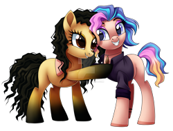 Size: 1600x1217 | Tagged: safe, artist:centchi, derpibooru import, oc, oc only, oc:mystery, oc:terra, earth pony, pony, clothes, female, hug, mare, shirt, siblings, simple background, sisters, transparent background, watermark
