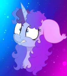 Size: 1537x1723 | Tagged: safe, artist:paskanaakka, derpibooru exclusive, derpibooru import, oc, oc only, oc:midnight dew, unicorn, abstract background, bust, ear fluff, floppy ears, grin, messy mane, portrait, smiling, solo