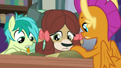 Size: 1280x720 | Tagged: safe, derpibooru import, screencap, sandbar, smolder, yona, dragon, pony, yak, molt down, book, pencil, reading, school of friendship