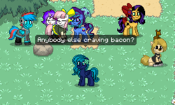 Size: 1076x645 | Tagged: safe, derpibooru import, oc, oc:midnight mist, pegasus, pony, awkward moment, bacon, female, food, meat, pony town