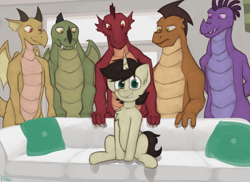 Size: 2335x1704 | Tagged: safe, artist:marsminer, derpibooru import, oc, oc only, oc:keith, dragon, pony, unicorn, imminent gangbang, imminent sex, male, pillow, piper perri surrounded, sitting, smiling, sofa, stallion