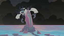 Size: 1280x720 | Tagged: safe, derpibooru import, screencap, storm king, my little pony: the movie, the hearth's warming club, evil grin, grin, looming, male, mount aris, smiling, solo