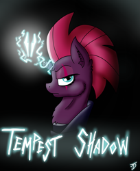 Size: 1223x1500 | Tagged: safe, artist:takutanuvataio, tempest shadow, pony, unicorn, my little pony: the movie, armor, badass, black background, broken horn, eye scar, female, horn, mare, scar, scar on the wrong side, simple background, solo, sparking horn, tempest shadow is not amused, unamused