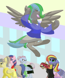 Size: 1024x1229 | Tagged: safe, artist:achuni, derpibooru import, oc, oc only, oc:cherry bliss, oc:feather fieldgoal, oc:galaxy guard, oc:paint swirl, oc:sentinel shield, oc:turquoise edge, pegasus, pony, unicorn, heathers, heathers the musical, kindverse, offspring, parent:blossomforth, parent:cherry jubilee, parent:cinnamon chai, parent:donut joe, parent:flash sentry, parent:junebug, parent:limestone pie, parent:rainbow dash, parent:soarin', parent:spearhead, parent:thunderlane, parent:twilight sparkle, parent:zephyr breeze, parents:blossomlane, parents:flashlight, parents:soarindash, parents:zephyrstone, veronica sawyer