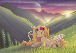 Size: 1200x848 | Tagged: safe, artist:littlehybridshila, derpibooru import, oc, oc only, oc:sister goldenmane, alicorn, alicorn oc, flower, flower in hair, grass, moon, mountain, scenery, smiling, solo, tree, twilight (astronomy)