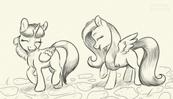 Size: 959x550 | Tagged: safe, artist:haretrinity, derpibooru import, fluttershy, twilight sparkle, twilight sparkle (alicorn), alicorn, pegasus, pony, eyes closed, female, mare, missing cutie mark, monochrome, simple background, sketch, smiling