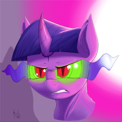 Size: 2316x2316 | Tagged: safe, artist:sea-maas, twilight sparkle, pony, angry, bust, dark magic, evil, female, magic, portrait, slit eyes, solo, sombra eyes, xk-class end-of-the-world scenario