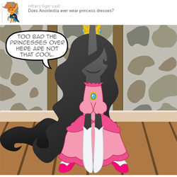 Size: 540x540 | Tagged: safe, artist:aha-mccoy, derpibooru import, oc, oc only, oc:anonlestia, original species, nopony-ask-mclovin, animated, ask, clothes, cosplay, costume, dress, female, mare, princess peach, solo, super mario bros., tumblr