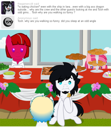 Size: 540x620 | Tagged: safe, artist:aha-mccoy, derpibooru import, oc, oc only, oc:gamercolt, oc:tosh, earth pony, pony, robot, robot pony, nopony-ask-mclovin, animated, ask, buffet, male, ponies eating meat, stallion, this will end in weight gain, tumblr