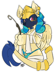 Size: 2442x3178 | Tagged: safe, artist:bbsartboutique, derpibooru import, oc, oc:shesta, jackal, sphinx, anubis, bandage, blue underwear, clothes, ear piercing, earring, egyptian, egyptian pony, embalming tools, eye of horus, flat color, gold, grey matter-removal tools, jackal mask, jewelry, leonine tail, mask, mummy, nemes headdress, panties, piercing, ring, signature, simple background, sphinx oc, striped underwear, transparent background, underwear